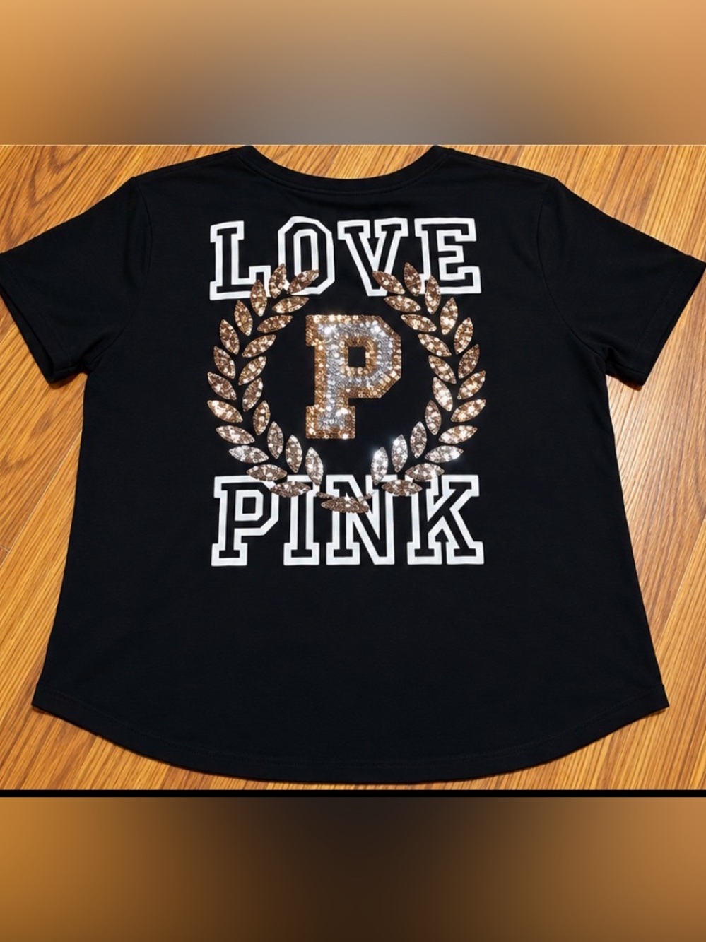 PINK Victoria's Secret Black Short Sleeve Tee with Gold Sequin P Wreath